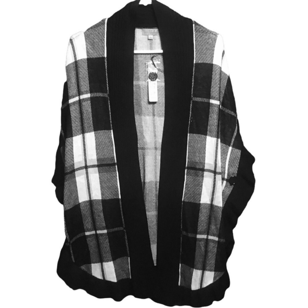 JOSEPH A Classic Black And White Monochrome PLAID Open Front CARDIGAN Size LARGE